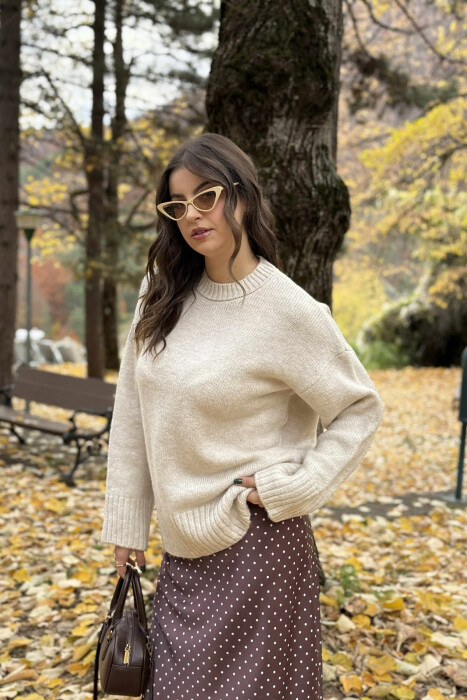 ROUND NECK ONE COLOR WOMEN SWEATER CREAM/KREM - 4