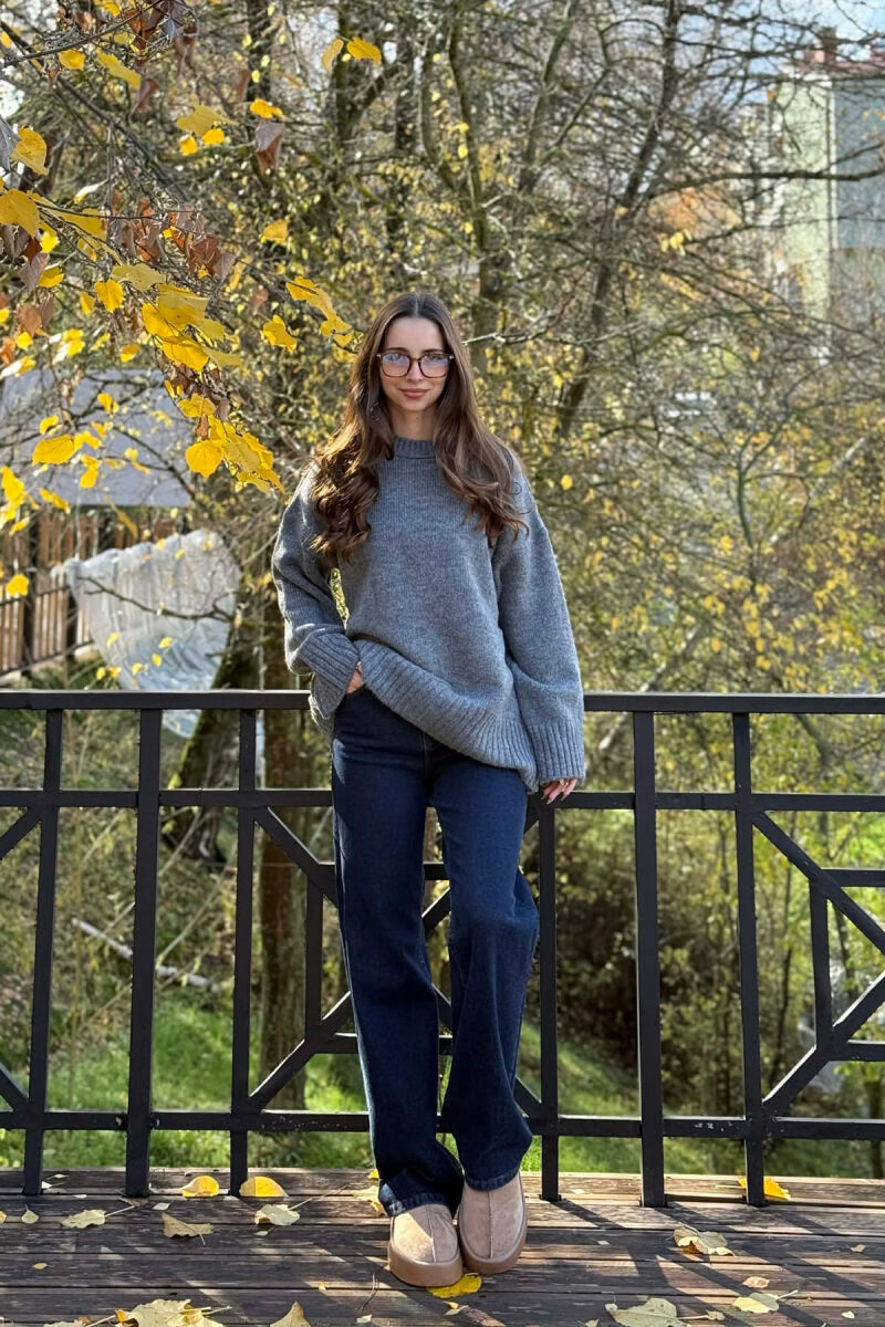 ROUND NECK ONE COLOR WOMEN SWEATER DARK GREY/GEE - 5