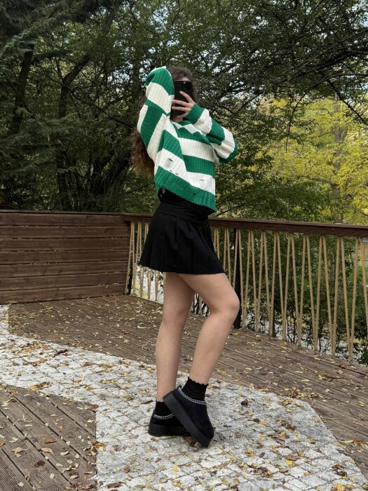 ROUND NECK SCRATCHES STRIPED WOMEN SWEATER WHITE/GREEN-BAJE 