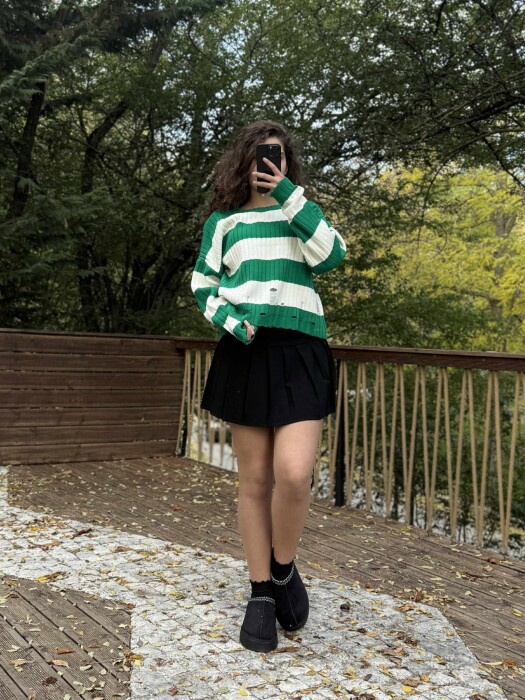 ROUND NECK SCRATCHES STRIPED WOMEN SWEATER WHITE/GREEN-BAJE - 2