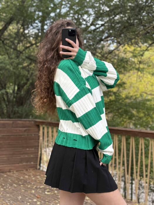 ROUND NECK SCRATCHES STRIPED WOMEN SWEATER WHITE/GREEN-BAJE - 4