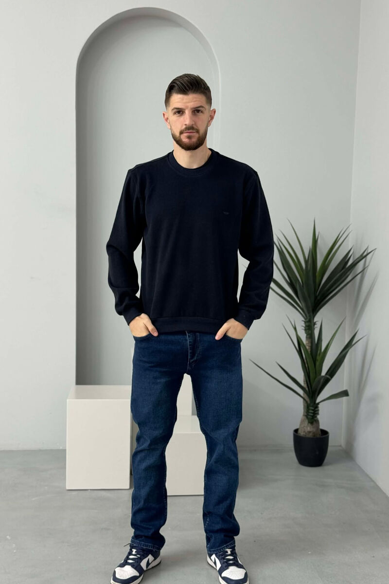 ROUND NECK SIMPLE MEN SWEATER DARK BLUE/BEE - 2