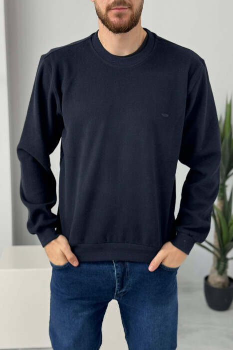 ROUND NECK SIMPLE MEN SWEATER DARK BLUE/BEE - 1