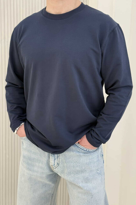 ROUND NECK SIMPLE MEN SWEATSHIRT DARK BLUE/BEE 