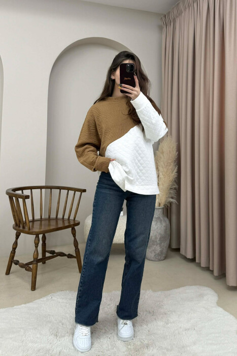 ROUND NECK SIMPLE WOMEN SWEATSHIRT BROWN/KAFE - 2