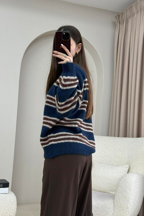 ROUND NECK STRIPE DESIGN WOMAN SWEATER DARK BLUE/BEE - 2