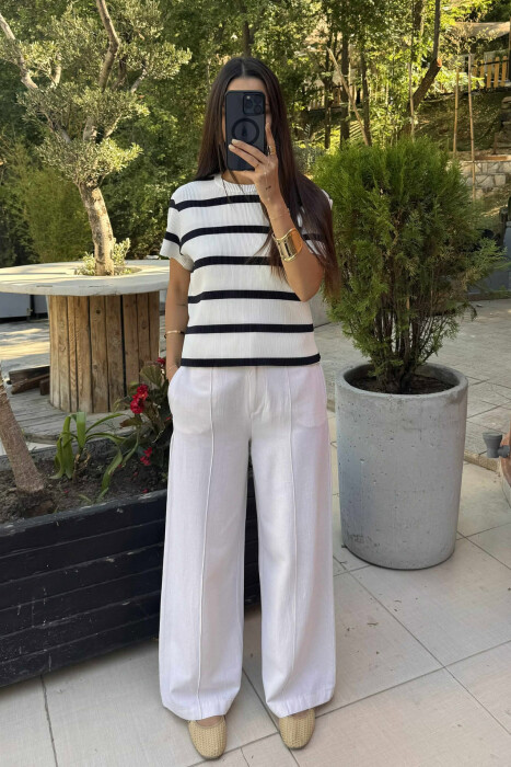 ROUND NECK STRIPE DESIGN WOMEN T-SHIRT WHITE-BLACK/BAZE 