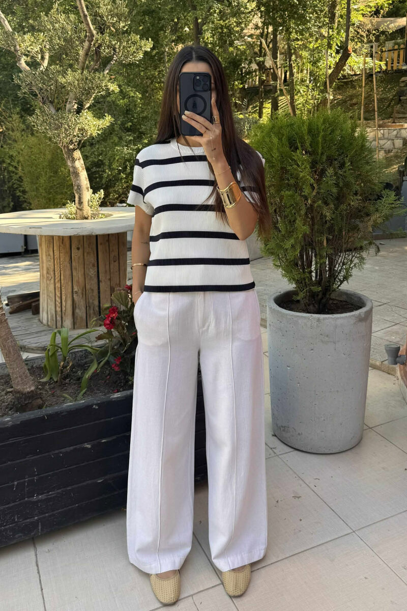 ROUND NECK STRIPE DESIGN WOMEN T-SHIRT WHITE-BLACK/BAZE - 1