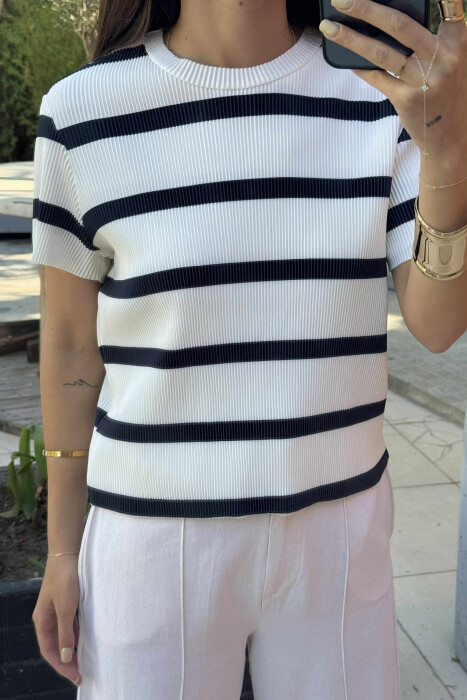 ROUND NECK STRIPE DESIGN WOMEN T-SHIRT WHITE-BLACK/BAZE - 2