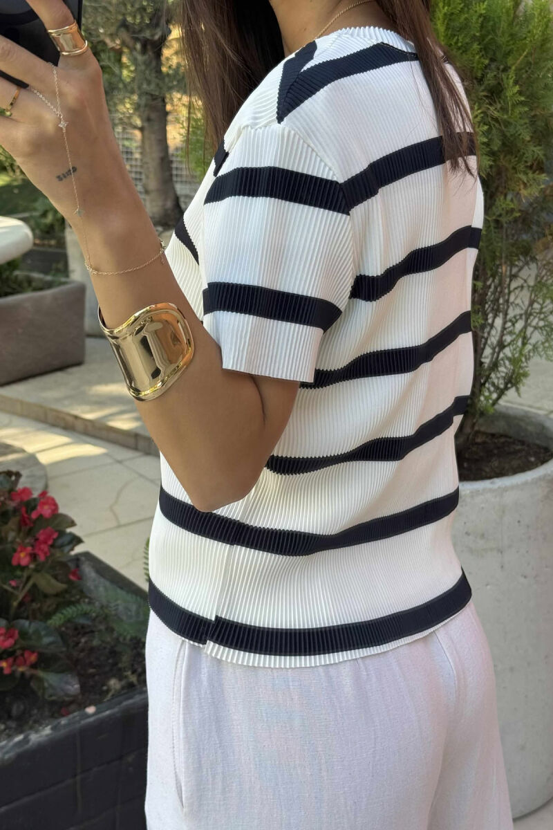 ROUND NECK STRIPE DESIGN WOMEN T-SHIRT WHITE-BLACK/BAZE - 3