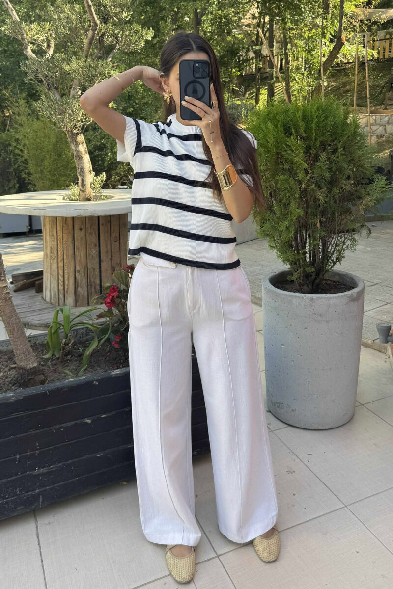 ROUND NECK STRIPE DESIGN WOMEN T-SHIRT WHITE-BLACK/BAZE - 4