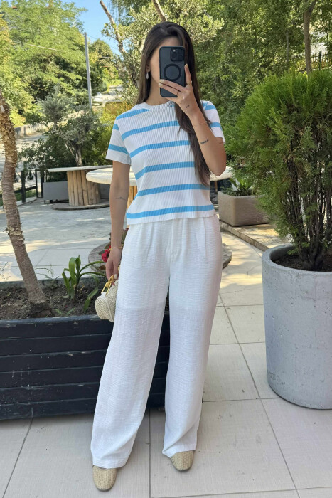 ROUND NECK STRIPE DESIGN WOMEN T-SHIRT WHITE-BLUE/BABL 
