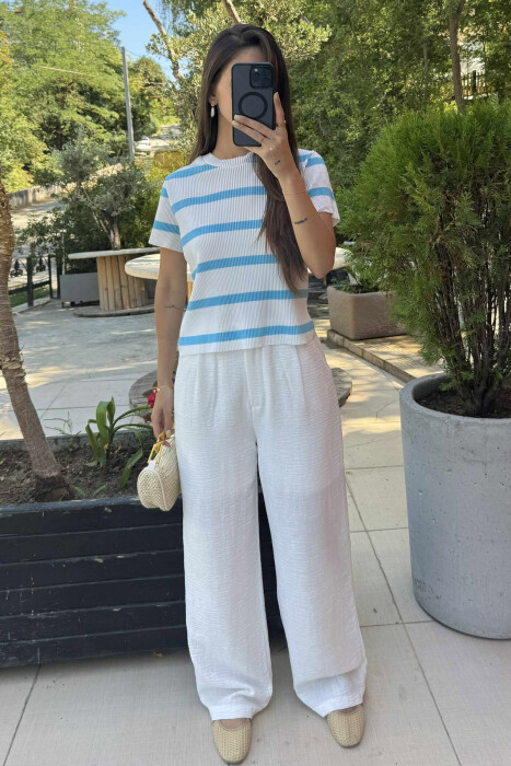 ROUND NECK STRIPE DESIGN WOMEN T-SHIRT WHITE-BLUE/BABL - 2