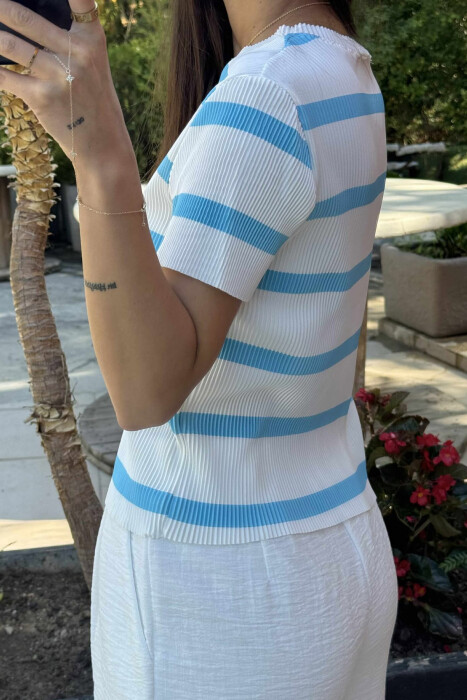 ROUND NECK STRIPE DESIGN WOMEN T-SHIRT WHITE-BLUE/BABL - 3