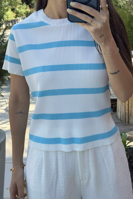 ROUND NECK STRIPE DESIGN WOMEN T-SHIRT WHITE-BLUE/BABL - 4