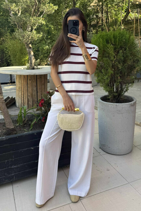 ROUND NECK STRIPE DESIGN WOMEN T-SHIRT WHITE-BURGUNDY/BAVI 