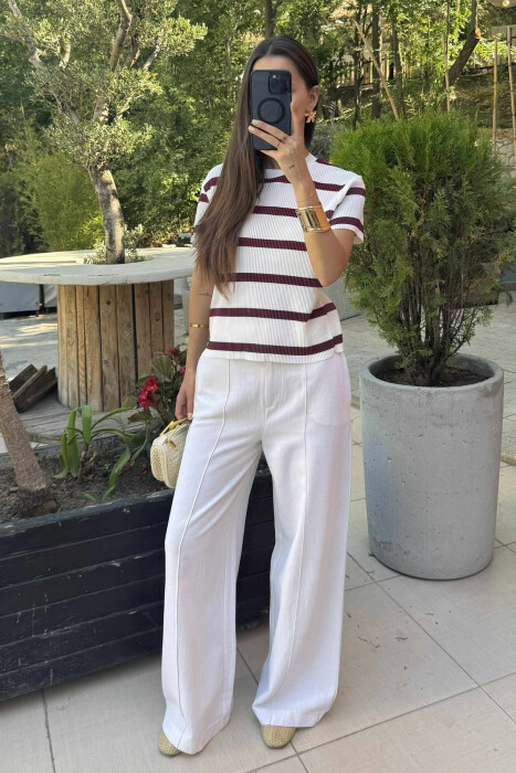 ROUND NECK STRIPE DESIGN WOMEN T-SHIRT WHITE-BURGUNDY/BAVI - 2