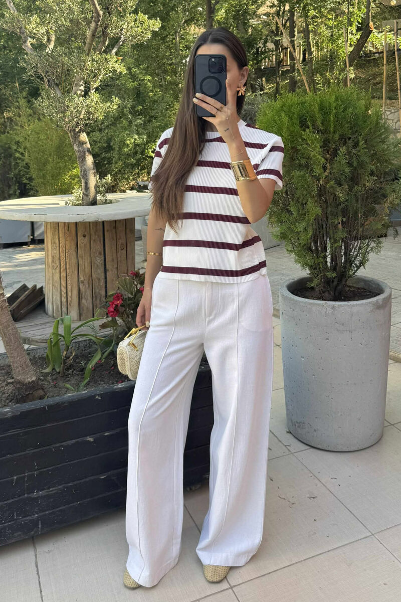 ROUND NECK STRIPE DESIGN WOMEN T-SHIRT WHITE-BURGUNDY/BAVI - 2