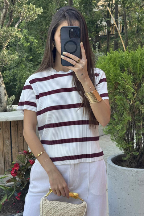ROUND NECK STRIPE DESIGN WOMEN T-SHIRT WHITE-BURGUNDY/BAVI - 3
