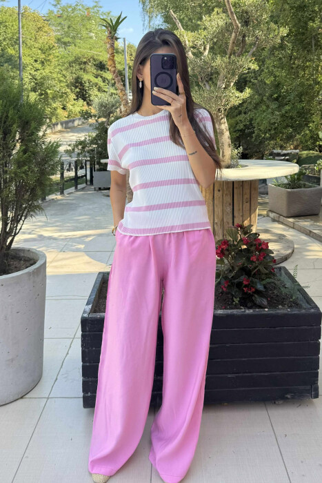 ROUND NECK STRIPE DESIGN WOMEN T-SHIRT WHITE-PINK/BARO 
