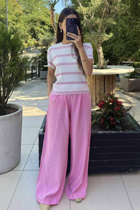 ROUND NECK STRIPE DESIGN WOMEN T-SHIRT WHITE-PINK/BARO - 2