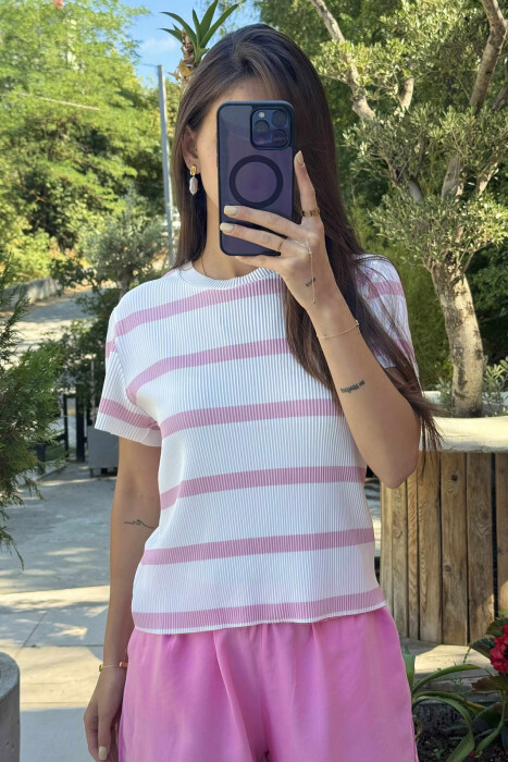 ROUND NECK STRIPE DESIGN WOMEN T-SHIRT WHITE-PINK/BARO - 3