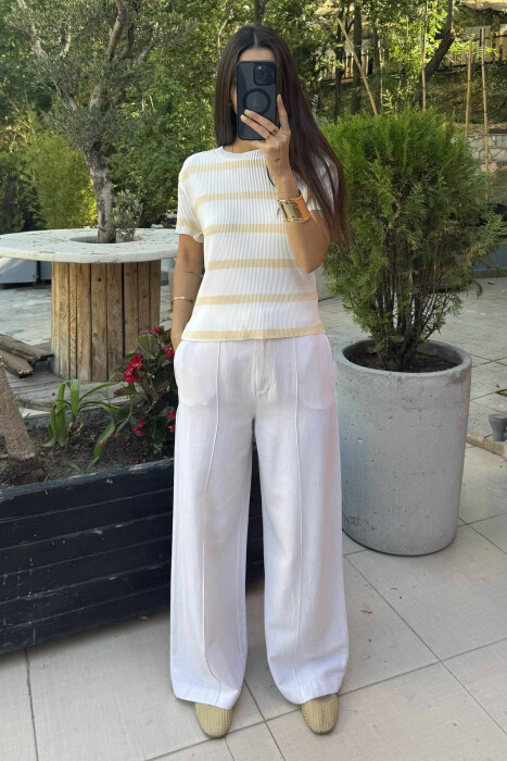 ROUND NECK STRIPE DESIGN WOMEN T-SHIRT WHITE-YELLOW/BAVE - 1