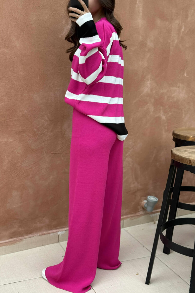 ROUND NECK STRIPED SWEATER+TROUSERS KNIT WOMEN SET FUCHSIA/CIKLAMI - 3