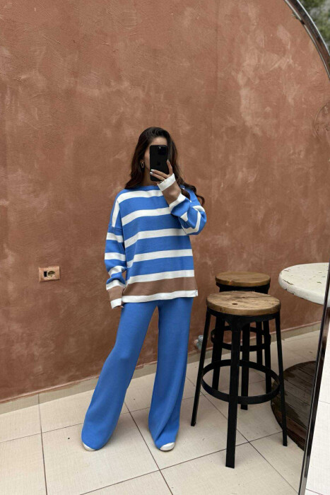 ROUND NECK STRIPED SWEATER+TROUSERS KNIT WOMEN SET LIGHTBLUE/BZ 