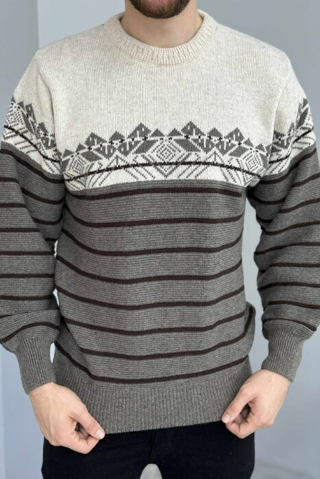 ROUND NECK STRIPES MEN SWEATER BEIGE/BEZHE 