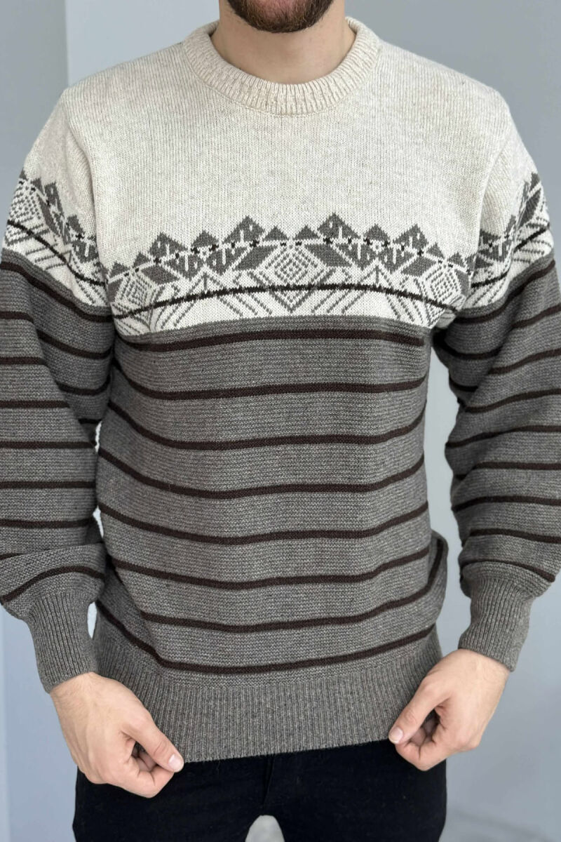 ROUND NECK STRIPES MEN SWEATER BEIGE/BEZHE - 1