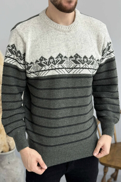 ROUND NECK STRIPES MEN SWEATER GREEN/JESHILE - 1