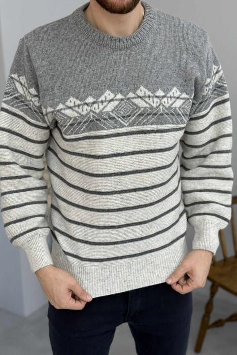 ROUND NECK STRIPES MEN SWEATER LIGHT GREY/GZ 
