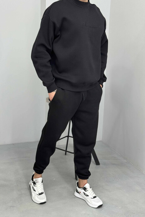 ROUND NECK SWEATSHIRT+JOGGERS FLUFFY MEN SET BLACK/ E ZEZE - 3