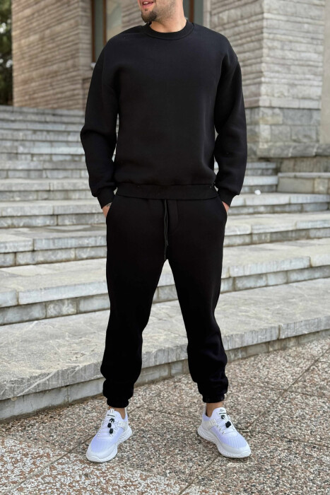 ROUND NECK SWEATSHIRT+JOGGERS FLUFFY MEN SET BLACK/ E ZEZE - 1