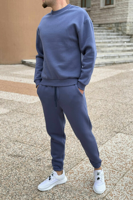 ROUND NECK SWEATSHIRT+JOGGERS FLUFFY MEN SET BLUE/BLU - 4