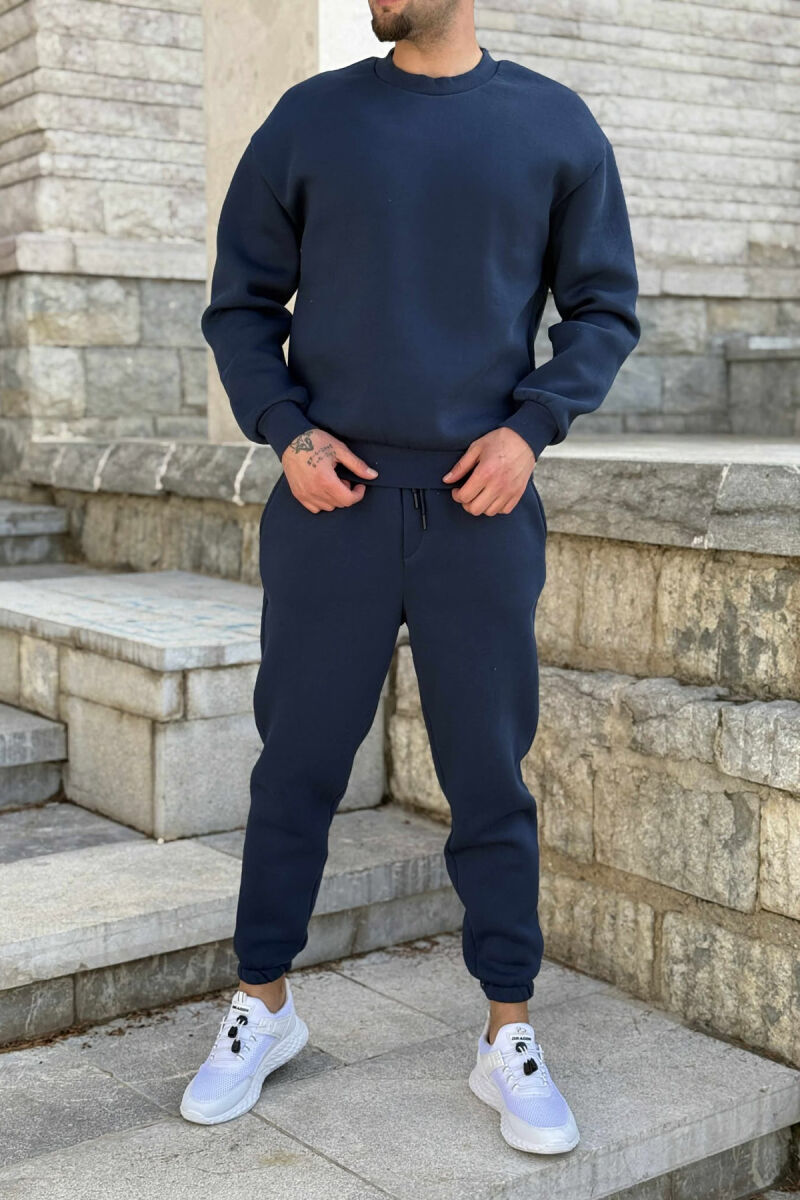 ROUND NECK SWEATSHIRT+JOGGERS FLUFFY MEN SET DARK BLUE/BEE - 1