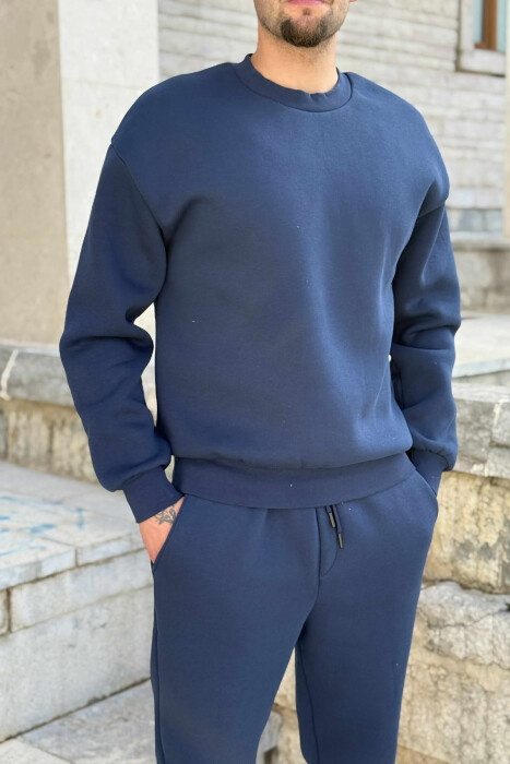 ROUND NECK SWEATSHIRT+JOGGERS FLUFFY MEN SET DARK BLUE/BEE - 2
