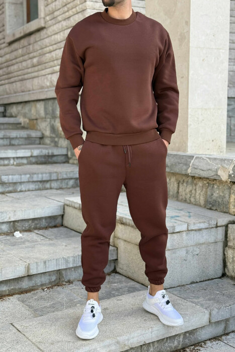 ROUND NECK SWEATSHIRT+JOGGERS FLUFFY MEN SET DARK BROWN/KAE - 1