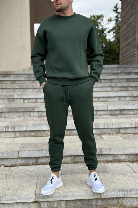 ROUND NECK SWEATSHIRT+JOGGERS FLUFFY MEN SET DARK GREEN/JEE - 1
