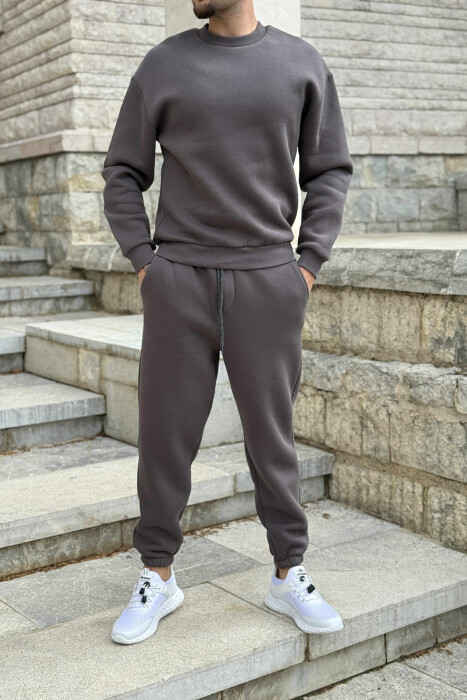 ROUND NECK SWEATSHIRT+JOGGERS FLUFFY MEN SET DARK GREY/GEE 