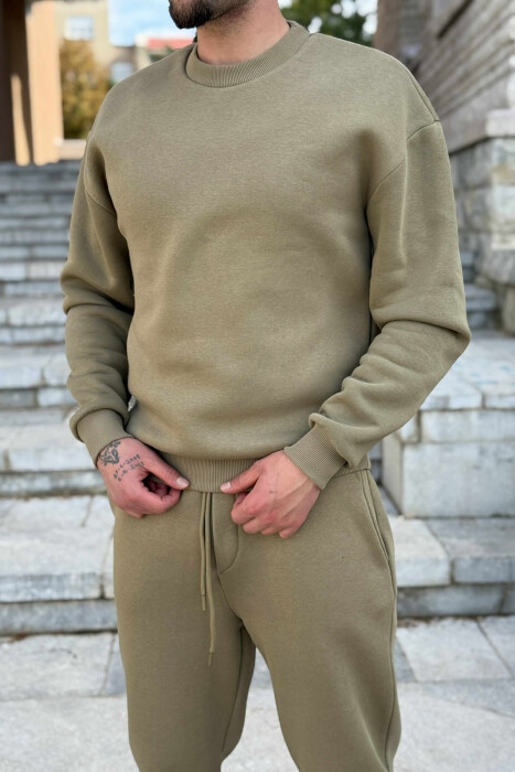 ROUND NECK SWEATSHIRT+JOGGERS FLUFFY MEN SET OLIVE/ULLI - 2