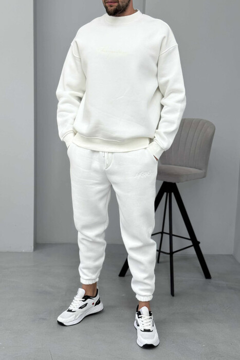 ROUND NECK SWEATSHIRT+JOGGERS FLUFFY MEN SET WHITE-E BARDHE 