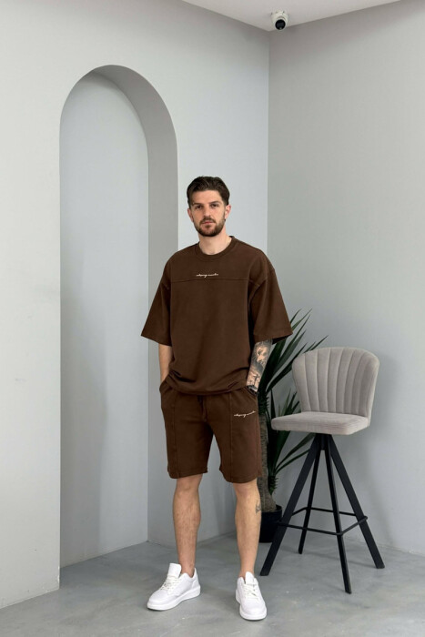 ROUND NECK T-SHIRT + SHORTS MEN SET BROWN/KAFE - 1