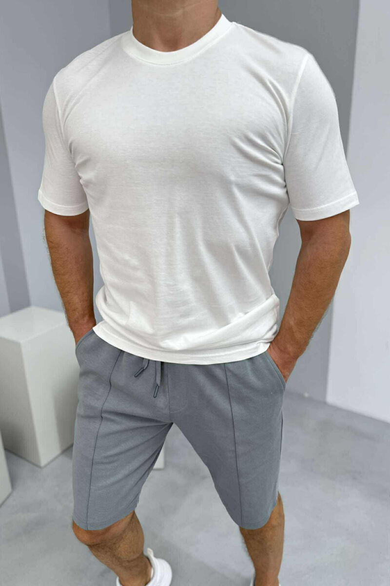 ROUND NECK T-SHIRT+SHORTS SIMPLE MEN SET WHITE-DARK GREY/BAGE - 2