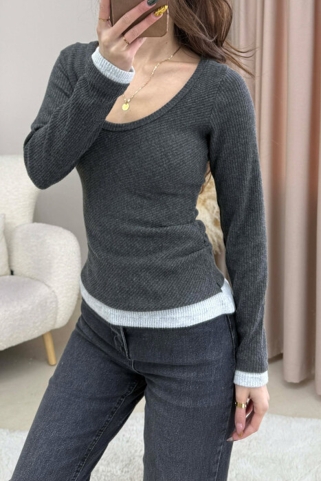 ROUND OPEN NECK SIMPLE WOMEN SWEATSHIRT DARK GREY/GEE - 4