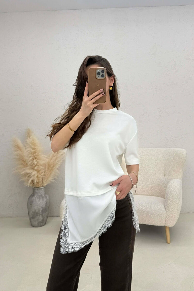 SATIN DETAIL WOMAN T-SHIRT WHITE-E BARDHE - 1