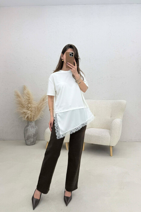 SATIN DETAIL WOMAN T-SHIRT WHITE-E BARDHE - 2