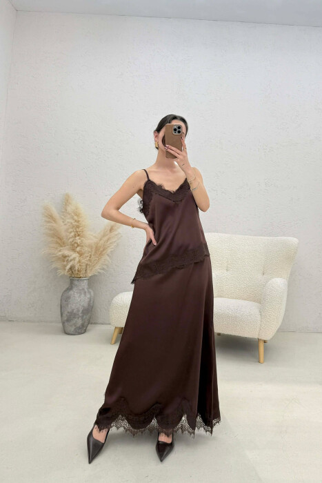 SATIN TANK TOP + SKIRT WOMAN SET BROWN/KAFE - 1