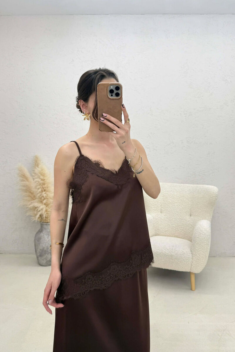 SATIN TANK TOP + SKIRT WOMAN SET BROWN/KAFE - 2
